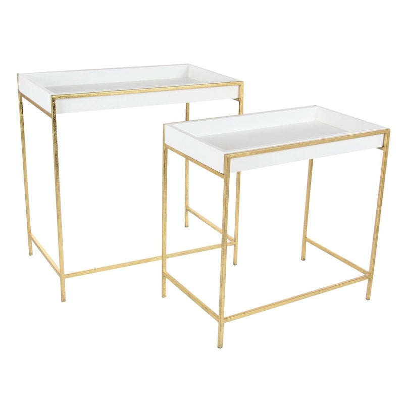 Tables gigognes géométriques en bois avec pieds en métal doré - Lot de 2 blanches