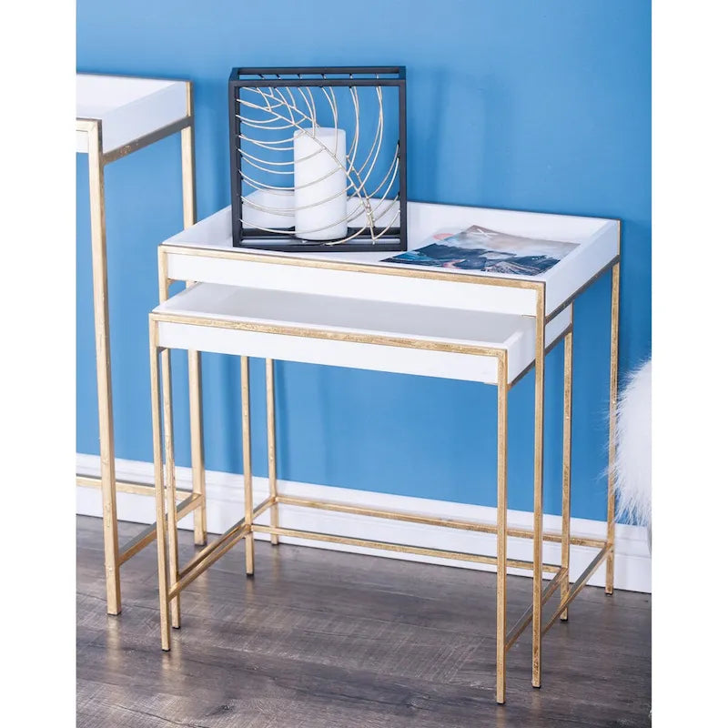 Tables gigognes géométriques en bois avec pieds en métal doré - Lot de 2 blanches