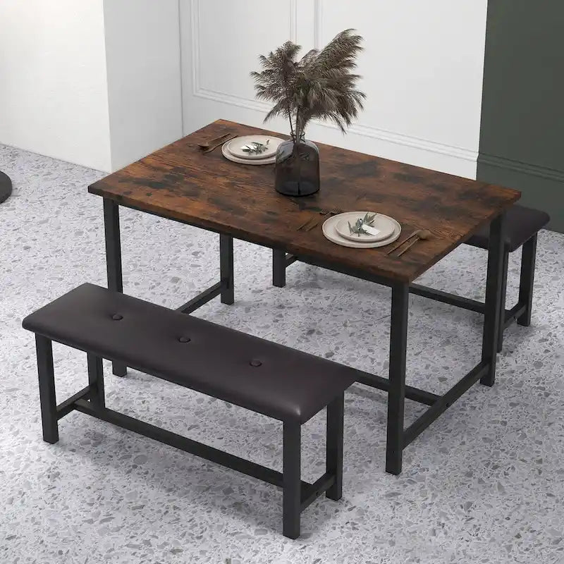 Rectangular Dining Table Set for 4 People with 2 Upholstered Benches