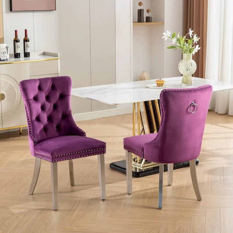 Lot de 2 chaises de salle à manger en velours avec garniture cloutée et pieds en acier inoxydable chromé