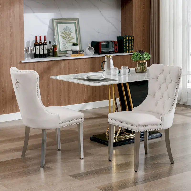 Lot de 2 chaises de salle à manger en velours avec garniture cloutée et pieds en acier inoxydable chromé