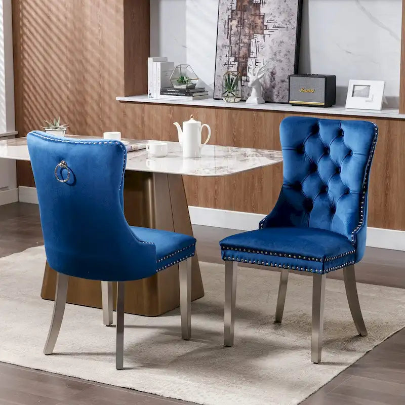 Lot de 2 chaises de salle à manger en velours avec garniture cloutée et pieds en acier inoxydable chromé