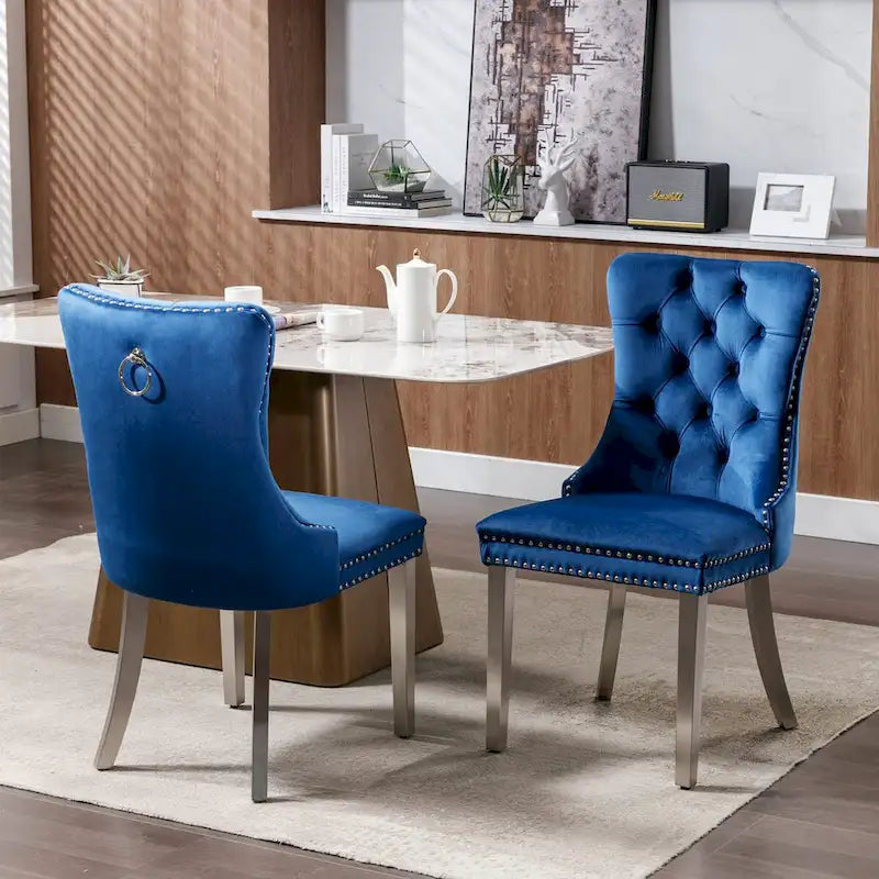 Lot de 2 chaises de salle à manger en velours avec garniture cloutée et pieds en acier inoxydable chromé