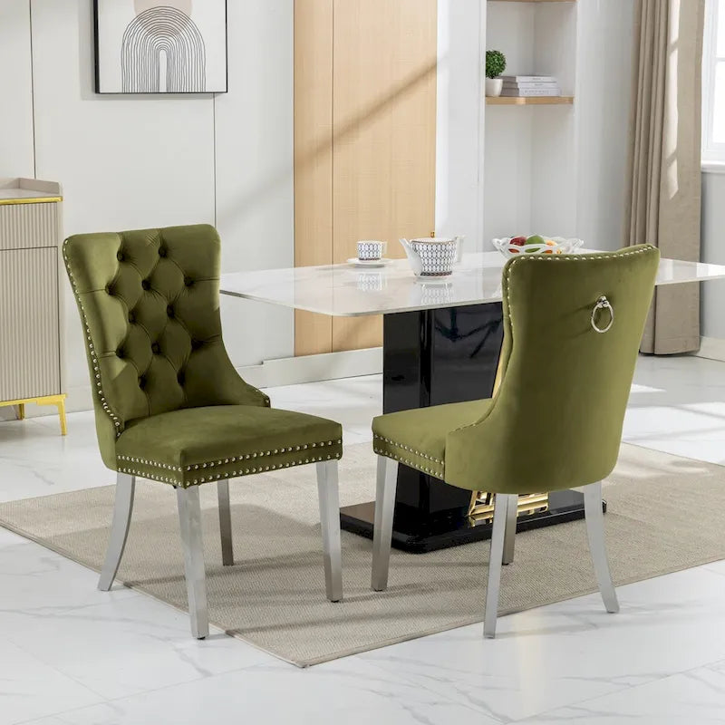 Lot de 2 chaises de salle à manger en velours avec garniture cloutée et pieds en acier inoxydable chromé