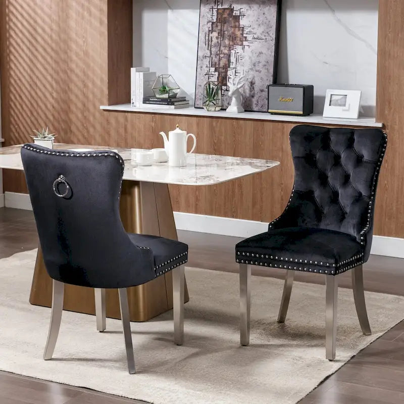 Lot de 2 chaises de salle à manger en velours avec garniture cloutée et pieds en acier inoxydable chromé