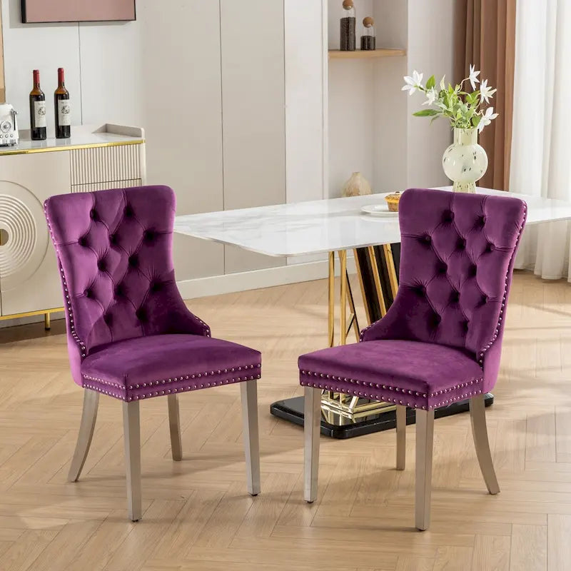 Lot de 2 chaises de salle à manger en velours avec garniture cloutée et pieds en acier inoxydable chromé