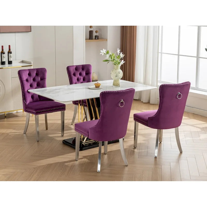 Lot de 2 chaises de salle à manger en velours avec garniture cloutée et pieds en acier inoxydable chromé