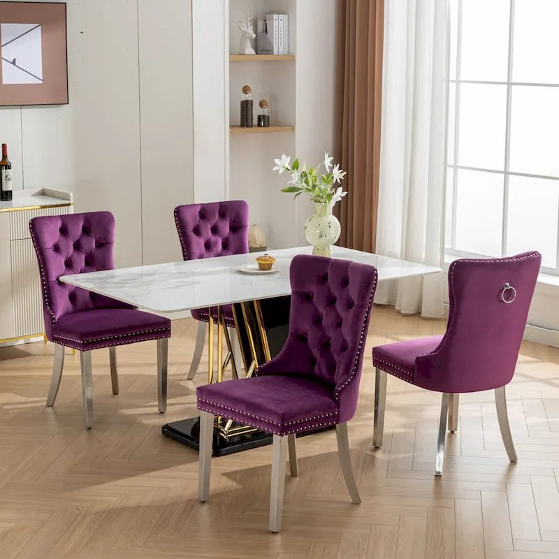 Lot de 2 chaises de salle à manger en velours avec garniture cloutée et pieds en acier inoxydable chromé