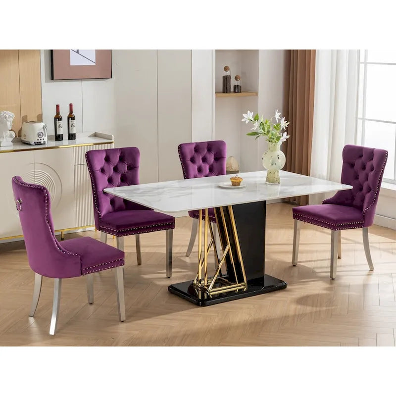 Lot de 2 chaises de salle à manger en velours avec garniture cloutée et pieds en acier inoxydable chromé