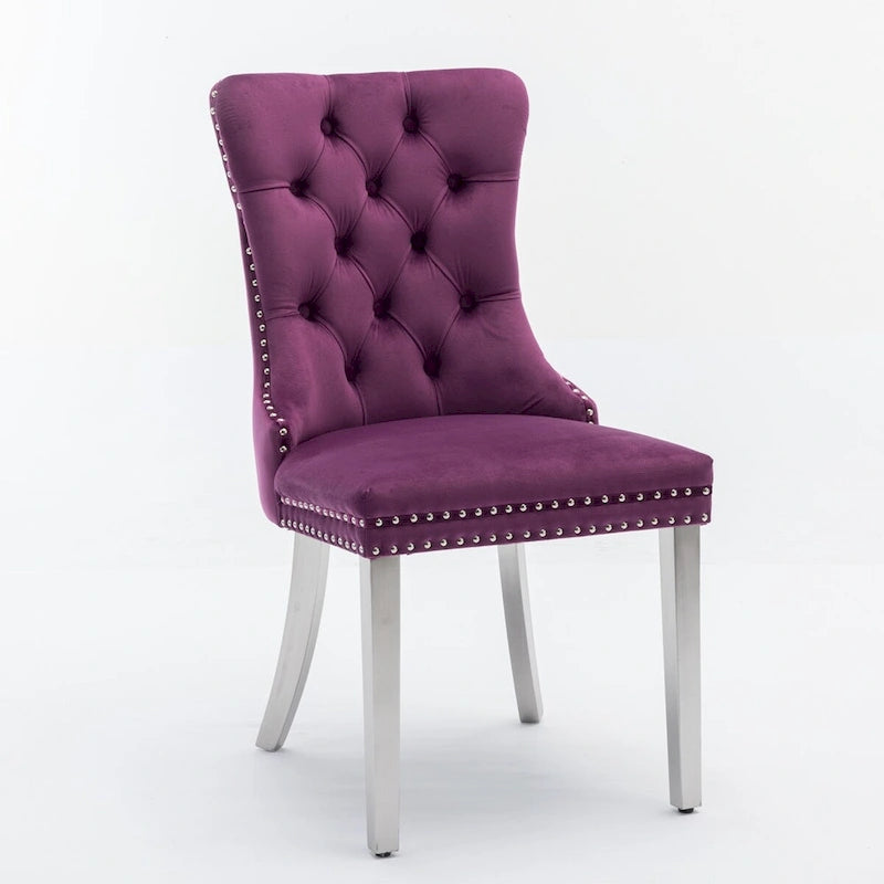 Lot de 2 chaises de salle à manger en velours avec garniture cloutée et pieds en acier inoxydable chromé
