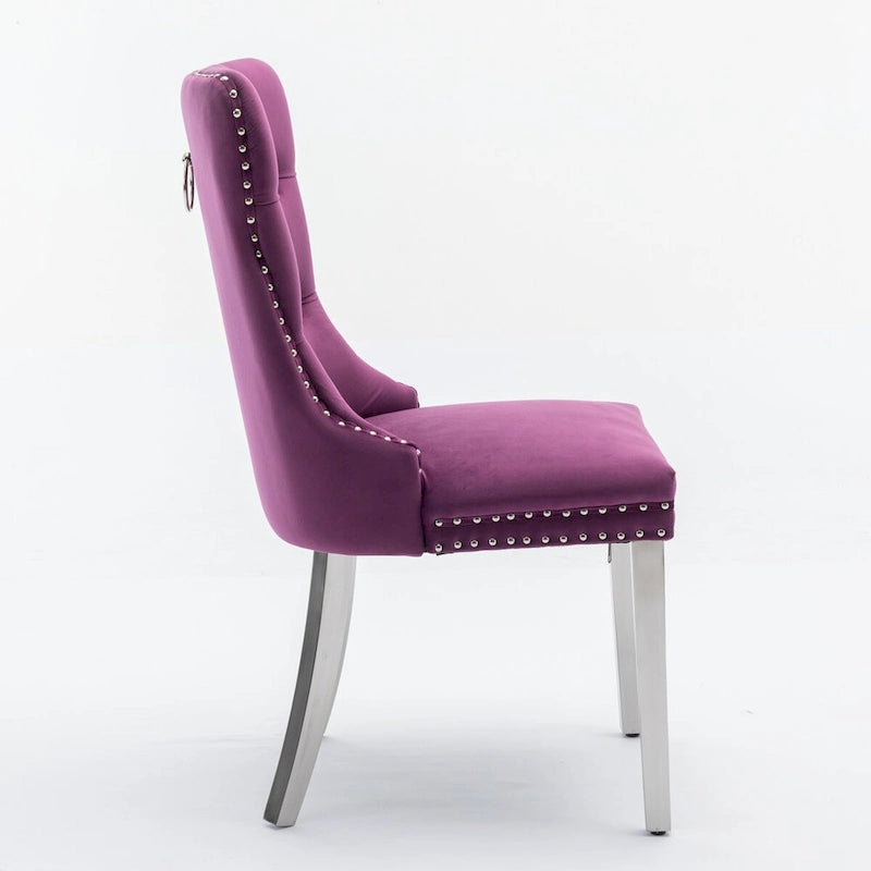Lot de 2 chaises de salle à manger en velours avec garniture cloutée et pieds en acier inoxydable chromé
