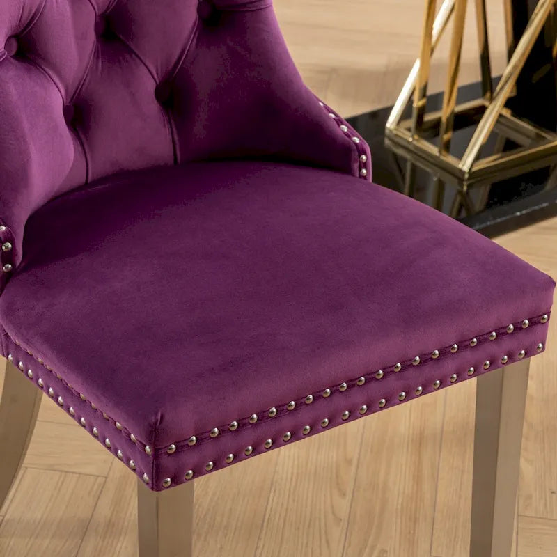 Lot de 2 chaises de salle à manger en velours avec garniture cloutée et pieds en acier inoxydable chromé