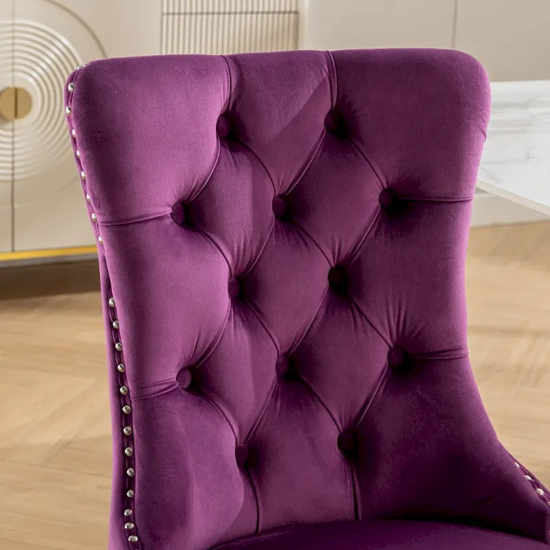 Lot de 2 chaises de salle à manger en velours avec garniture cloutée et pieds en acier inoxydable chromé