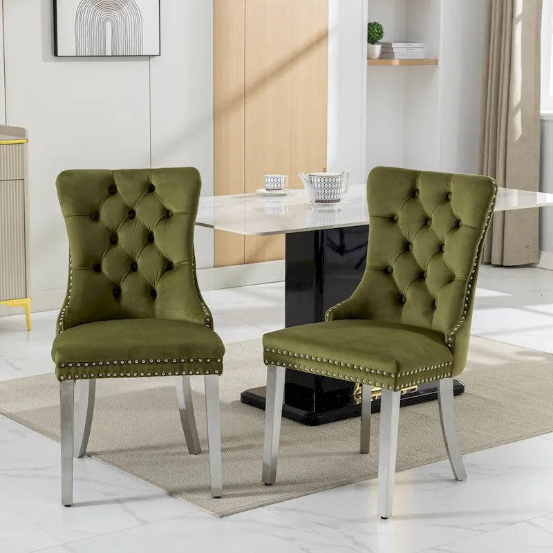 Lot de 2 chaises de salle à manger en velours avec garniture cloutée et pieds en acier inoxydable chromé