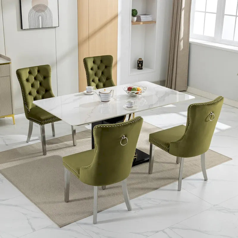 Lot de 2 chaises de salle à manger en velours avec garniture cloutée et pieds en acier inoxydable chromé