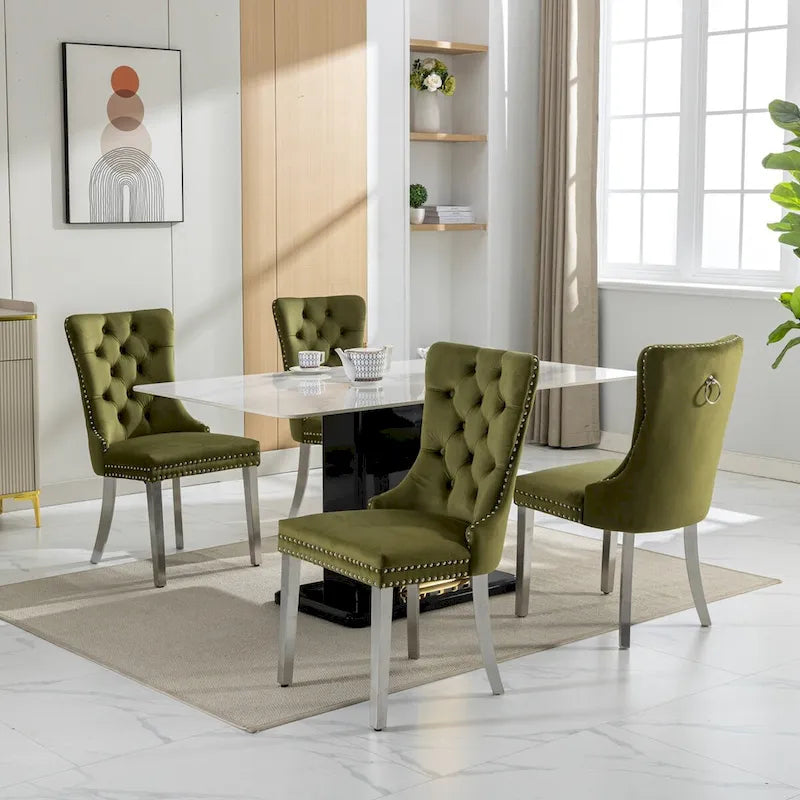 Lot de 2 chaises de salle à manger en velours avec garniture cloutée et pieds en acier inoxydable chromé