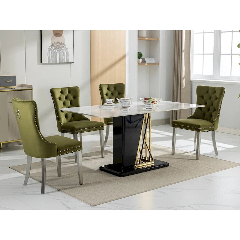 Lot de 2 chaises de salle à manger en velours avec garniture cloutée et pieds en acier inoxydable chromé
