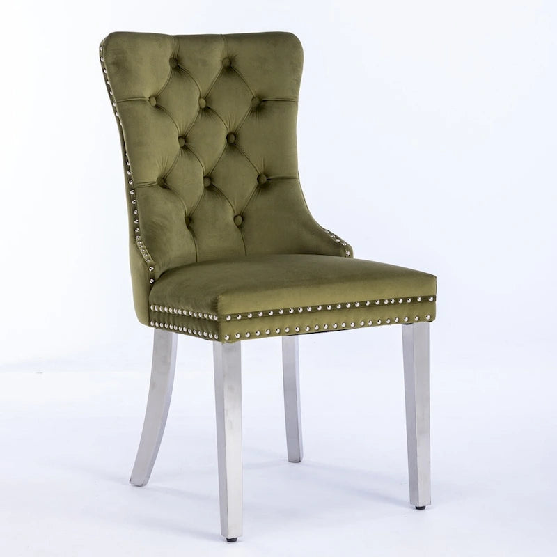 Lot de 2 chaises de salle à manger en velours avec garniture cloutée et pieds en acier inoxydable chromé