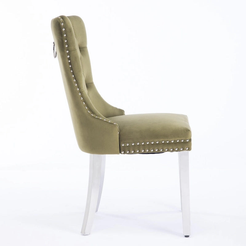 Lot de 2 chaises de salle à manger en velours avec garniture cloutée et pieds en acier inoxydable chromé