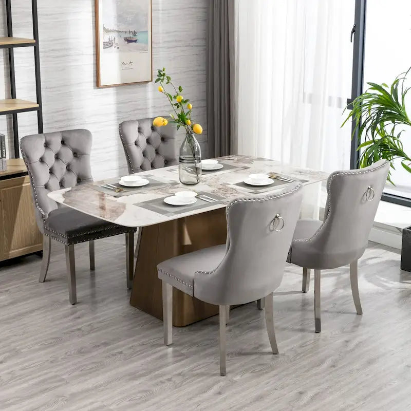 Lot de 2 chaises de salle à manger en velours avec garniture cloutée et pieds en acier inoxydable chromé