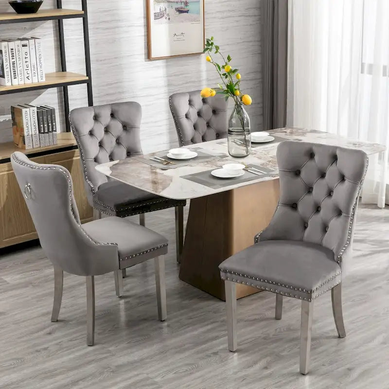 Lot de 2 chaises de salle à manger en velours avec garniture cloutée et pieds en acier inoxydable chromé