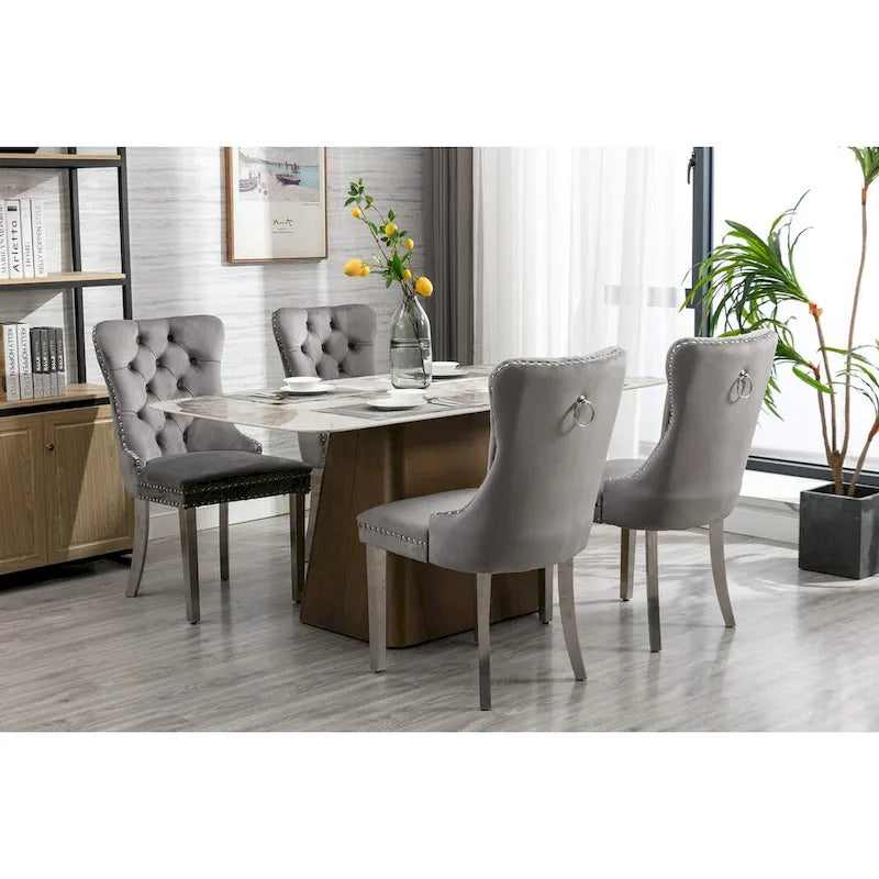 Lot de 2 chaises de salle à manger en velours avec garniture cloutée et pieds en acier inoxydable chromé