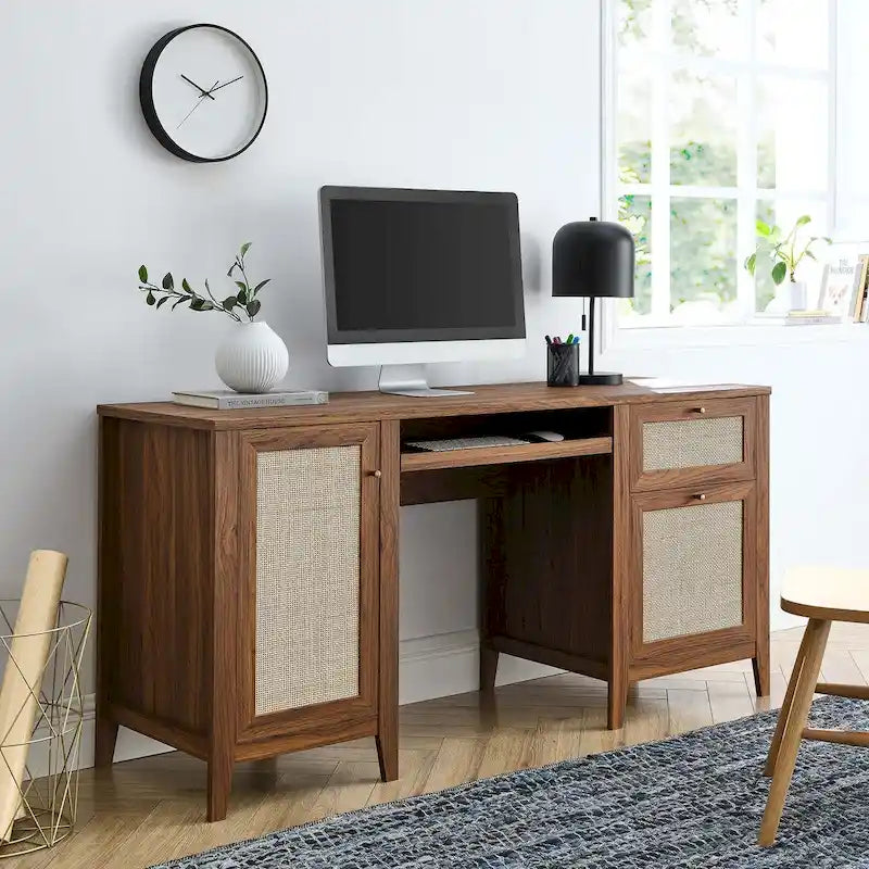 Bureau de 160 cm avec tissage en rotin et rangements