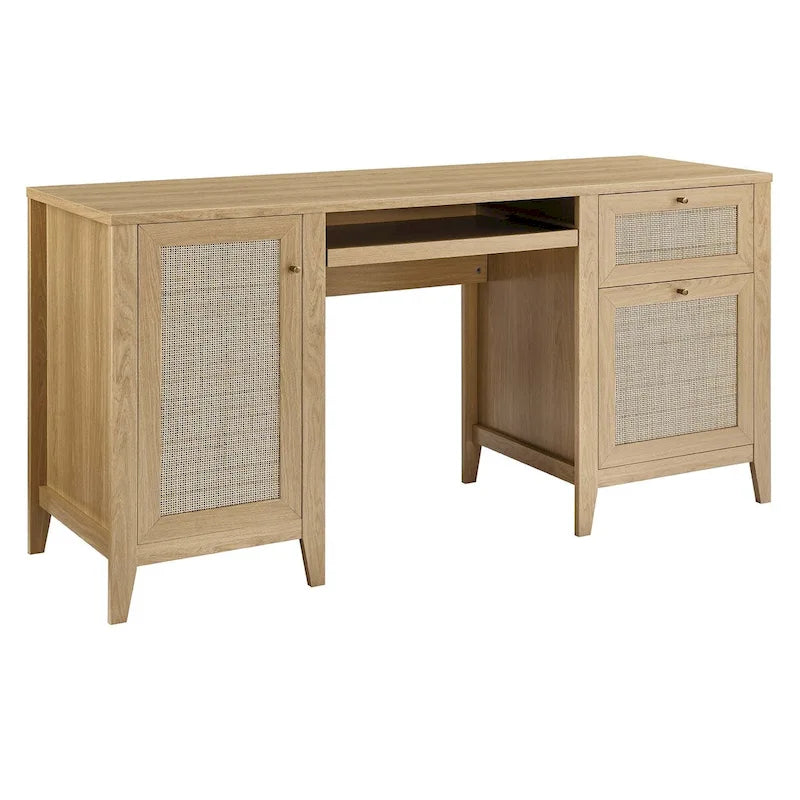 Bureau de 160 cm avec tissage en rotin et rangements