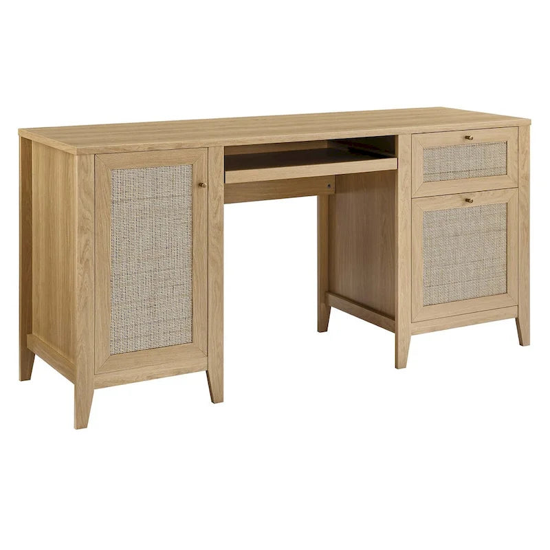Bureau de 160 cm avec tissage en rotin et rangements