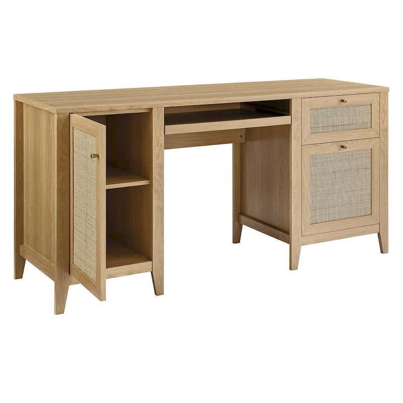 Bureau de 160 cm avec tissage en rotin et rangements