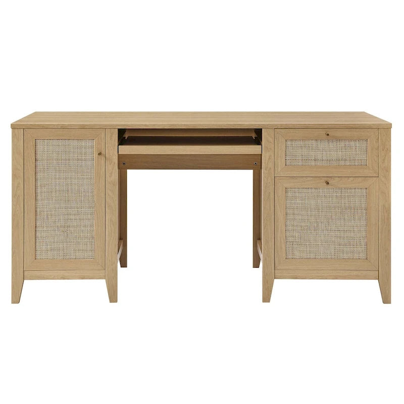 Bureau de 160 cm avec tissage en rotin et rangements