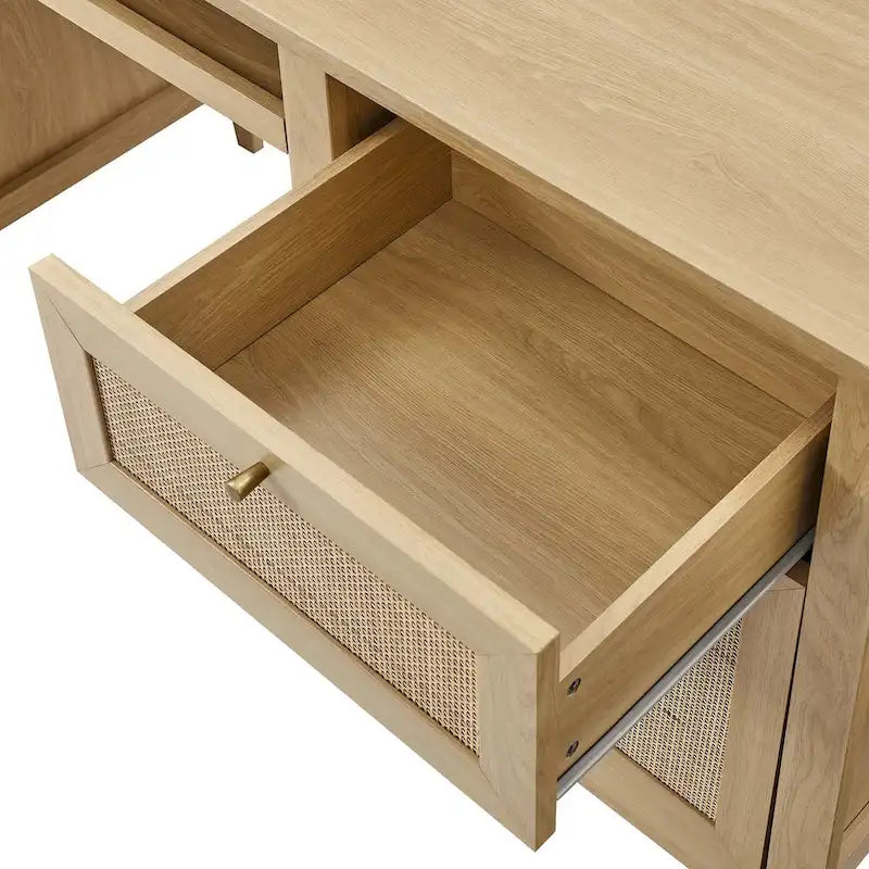 Bureau de 160 cm avec tissage en rotin et rangements