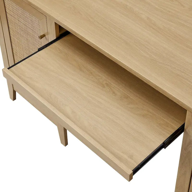 Bureau de 160 cm avec tissage en rotin et rangements