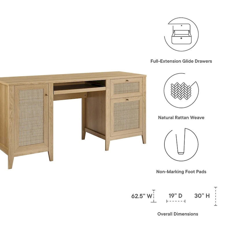 Bureau de 160 cm avec tissage en rotin et rangements