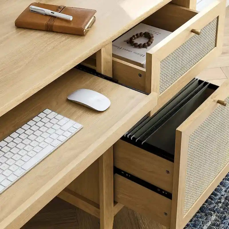Bureau de 160 cm avec tissage en rotin et rangements