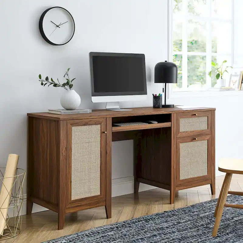 Bureau de 160 cm avec tissage en rotin et rangements