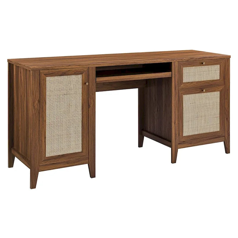 Bureau de 160 cm avec tissage en rotin et rangements