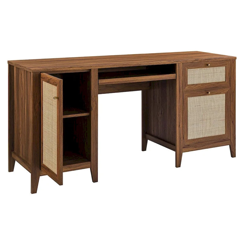 Bureau de 160 cm avec tissage en rotin et rangements