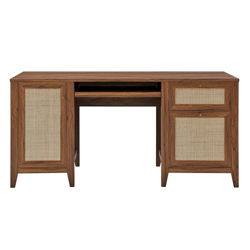 Bureau de 160 cm avec tissage en rotin et rangements