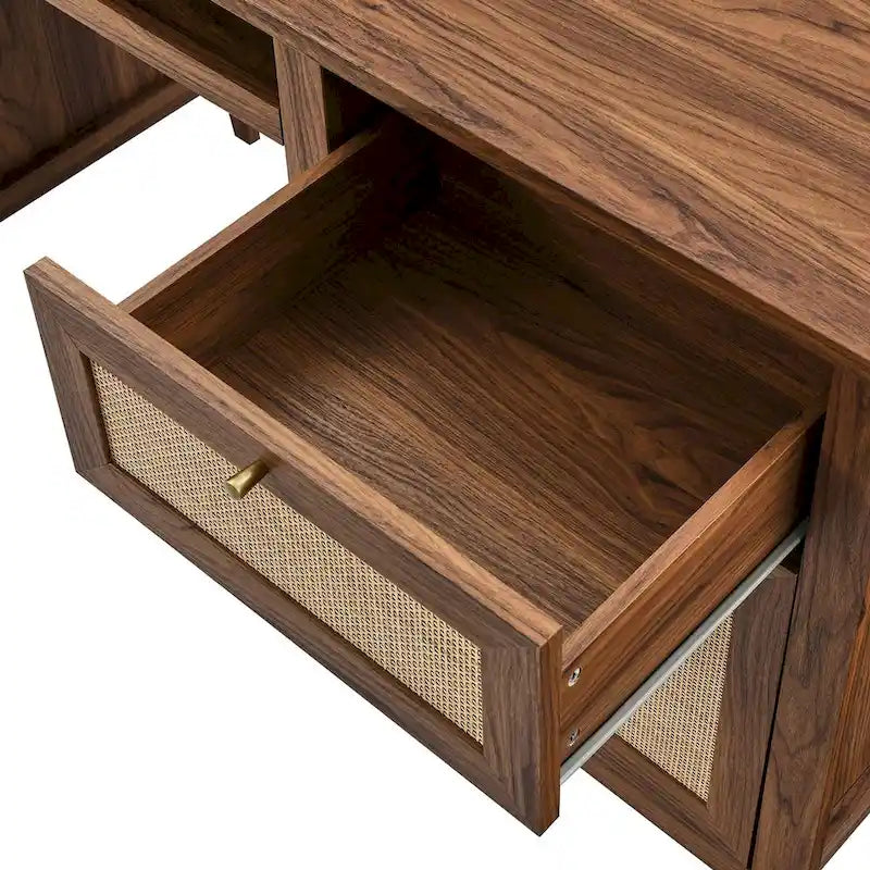 Bureau de 160 cm avec tissage en rotin et rangements