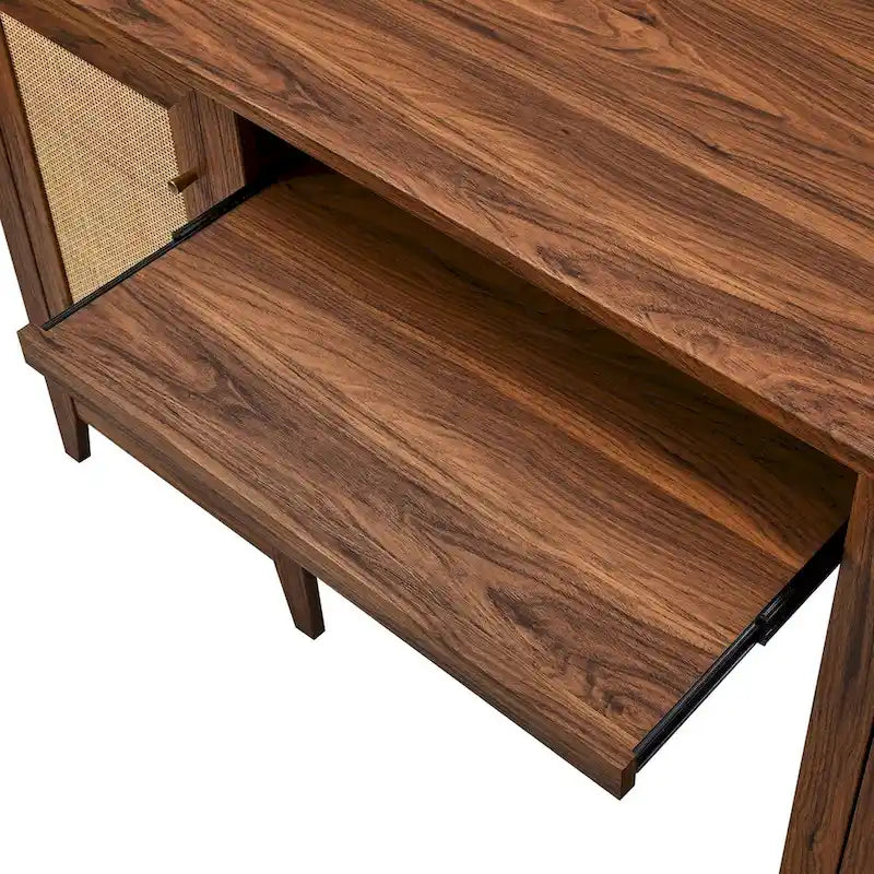 Bureau de 160 cm avec tissage en rotin et rangements