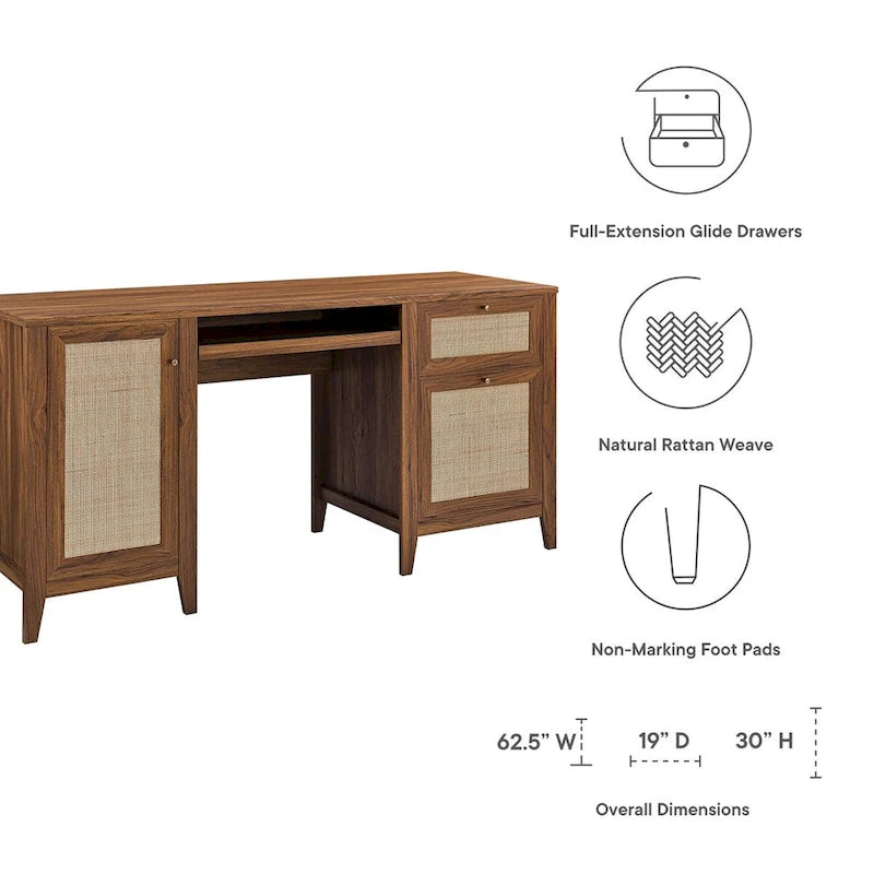 Bureau de 160 cm avec tissage en rotin et rangements