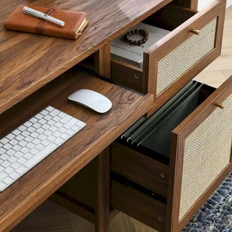Bureau de 160 cm avec tissage en rotin et rangements