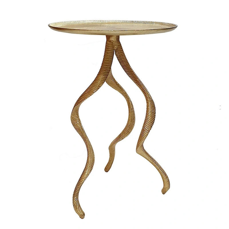 Table d'appoint de 61 cm, piètement en forme de bois de cerf, plateau nervuré, aluminium, doré