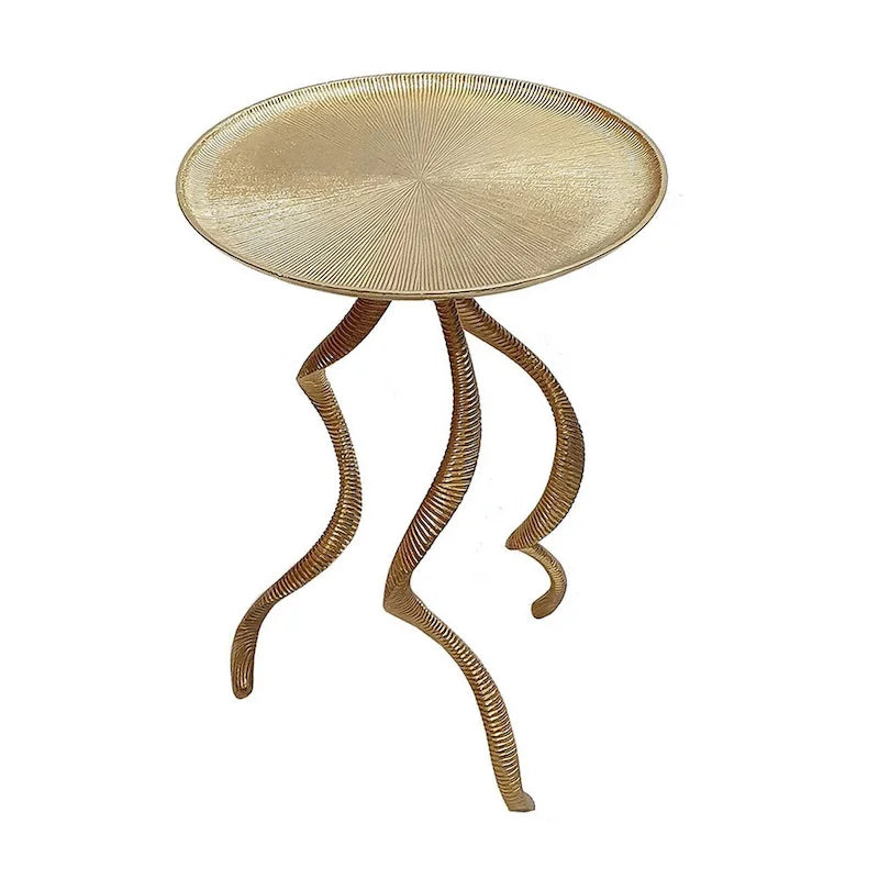 Table d'appoint de 61 cm, piètement en forme de bois de cerf, plateau nervuré, aluminium, doré