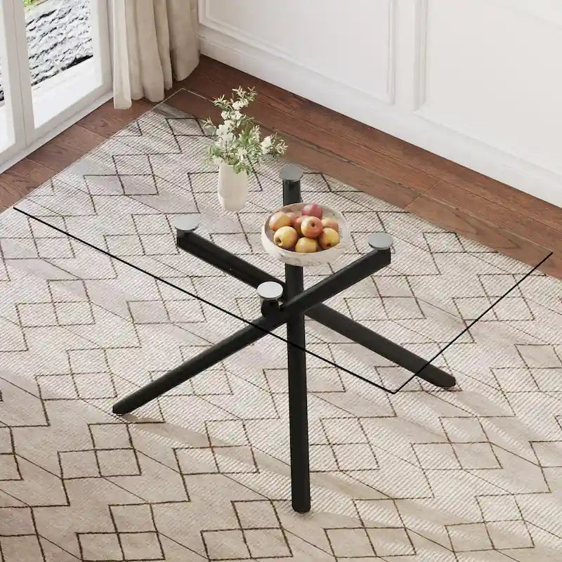 Grande table à manger rectangulaire moderne et minimaliste en verre pour 6 à 8 personnes avec plateau en verre trempé de 10 mm et pieds en métal noir