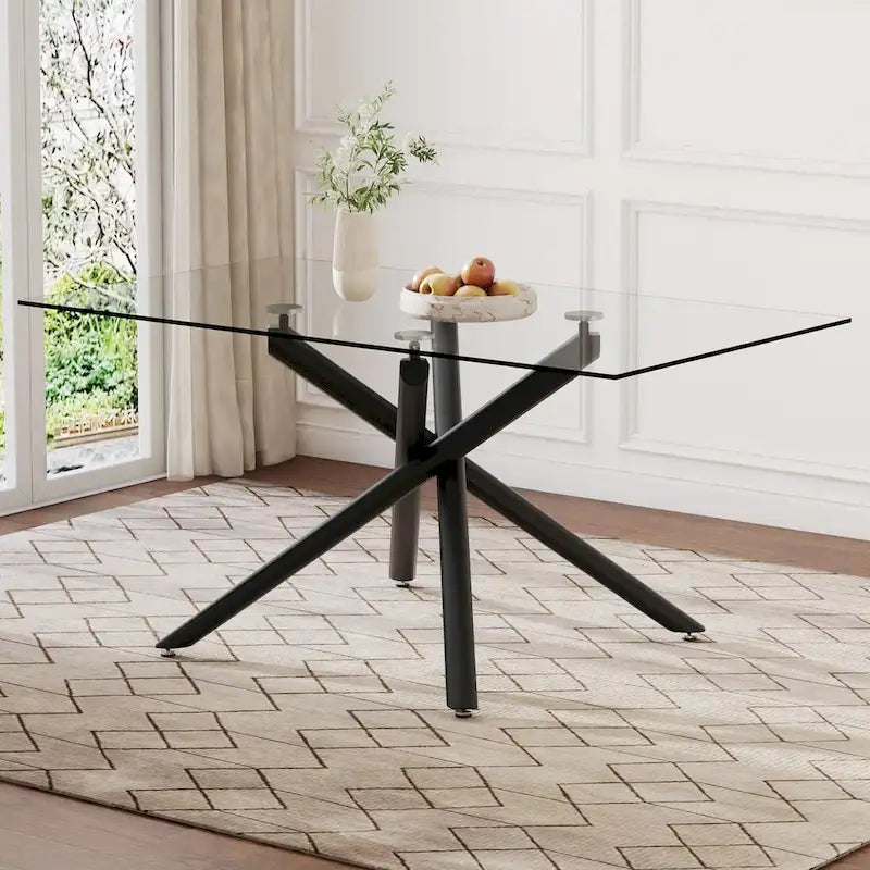Grande table à manger rectangulaire moderne et minimaliste en verre pour 6 à 8 personnes avec plateau en verre trempé de 10 mm et pieds en métal noir