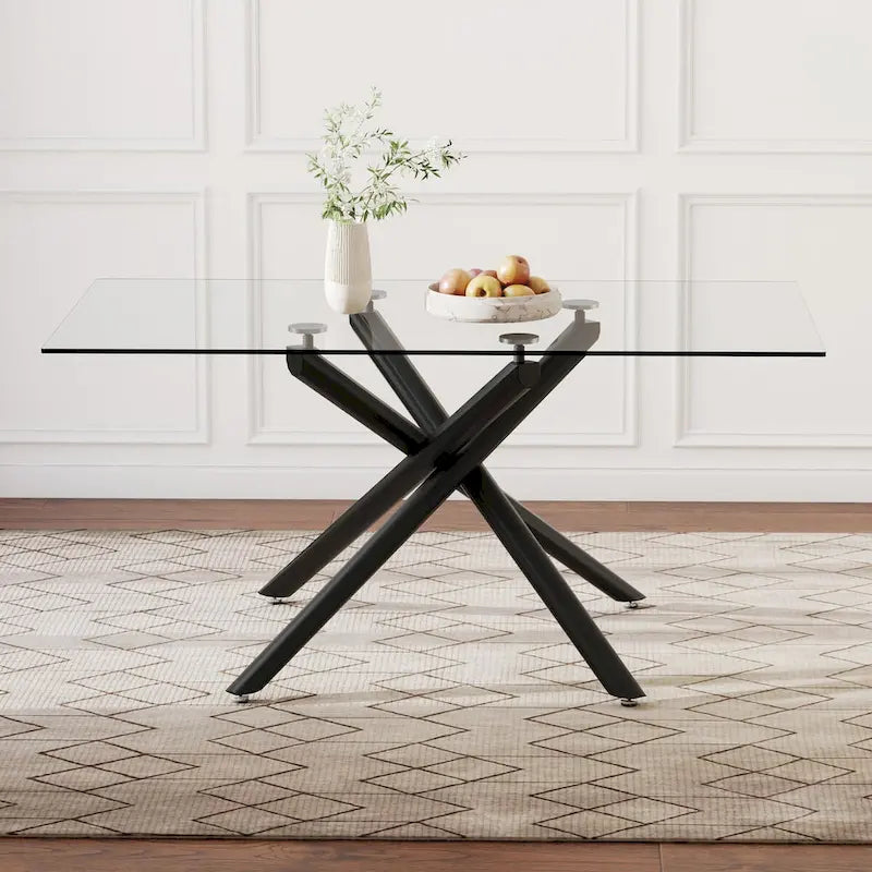 Grande table à manger rectangulaire moderne et minimaliste en verre pour 6 à 8 personnes avec plateau en verre trempé de 10 mm et pieds en métal noir