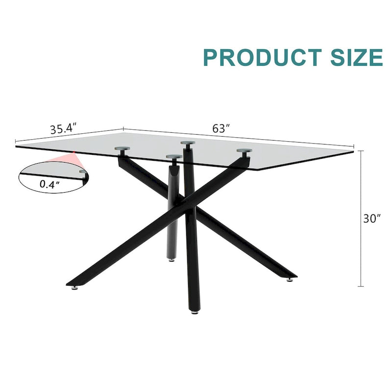 Grande table à manger rectangulaire moderne et minimaliste en verre pour 6 à 8 personnes avec plateau en verre trempé de 10 mm et pieds en métal noir
