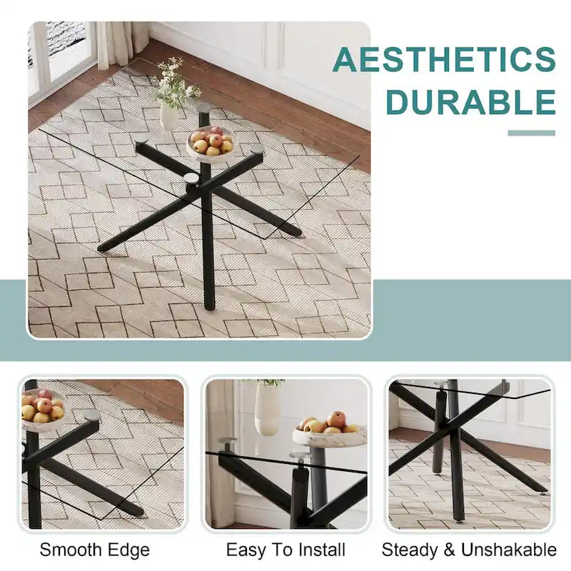 Grande table à manger rectangulaire moderne et minimaliste en verre pour 6 à 8 personnes avec plateau en verre trempé de 10 mm et pieds en métal noir